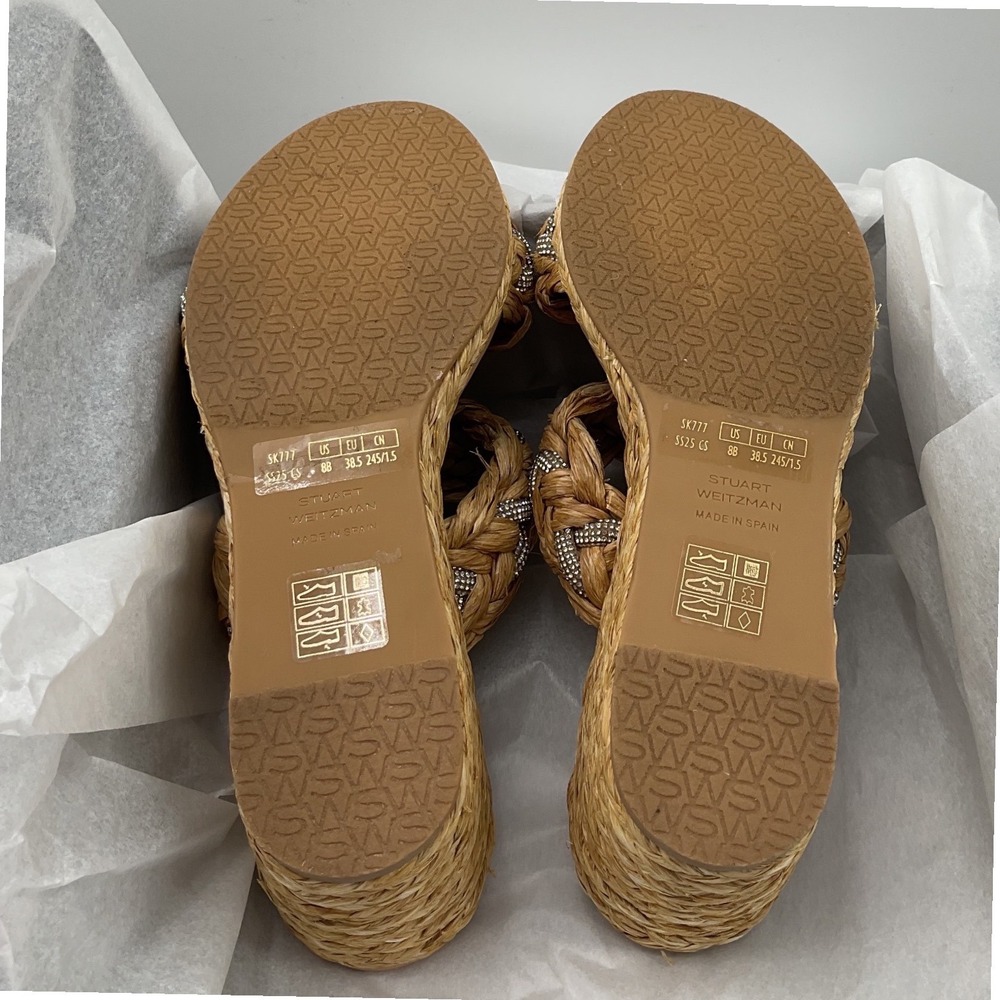Stuart Weitzman Braided Raffia Crystal Wedge Sandals Natural Tan Women Size 8 - Picture 12 of 14